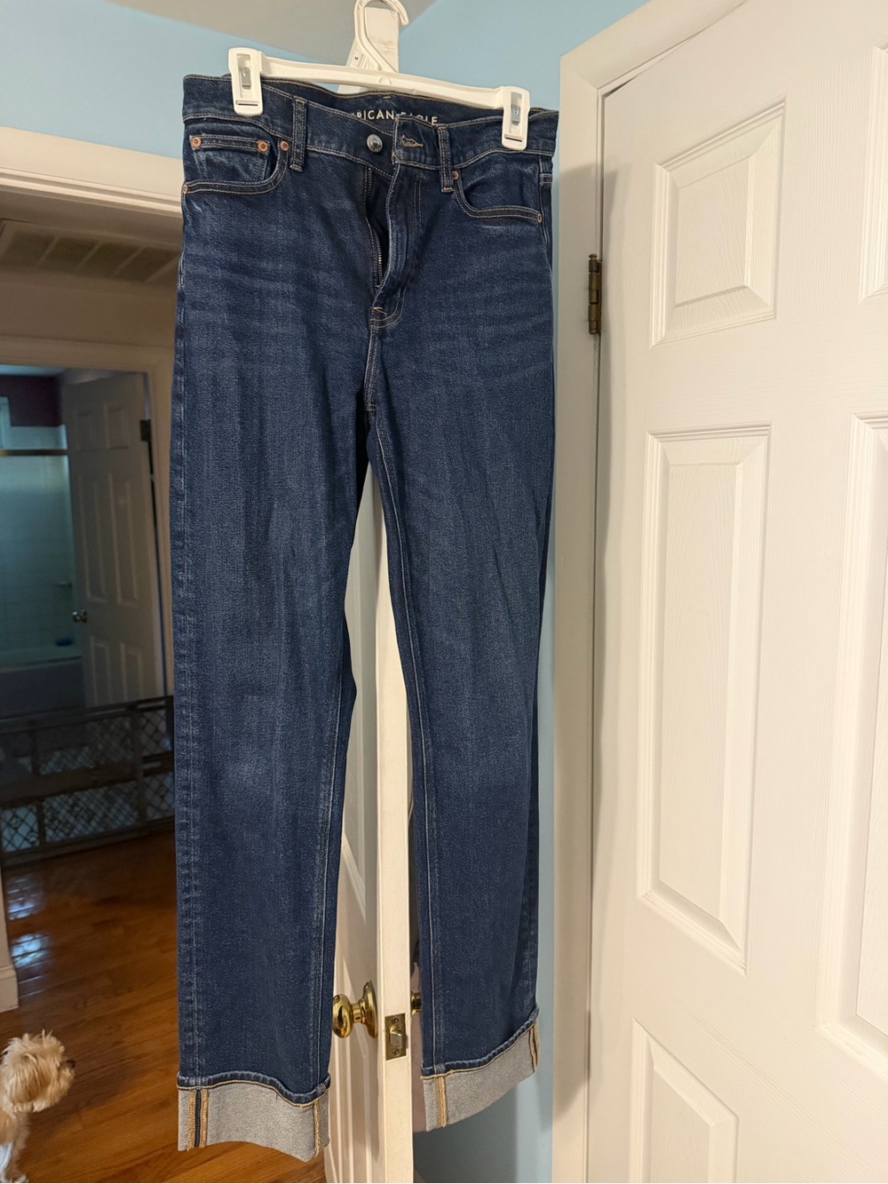 American Eagle Outfitters Dark Blue straight jeans with cuffed hem size 27 LONG